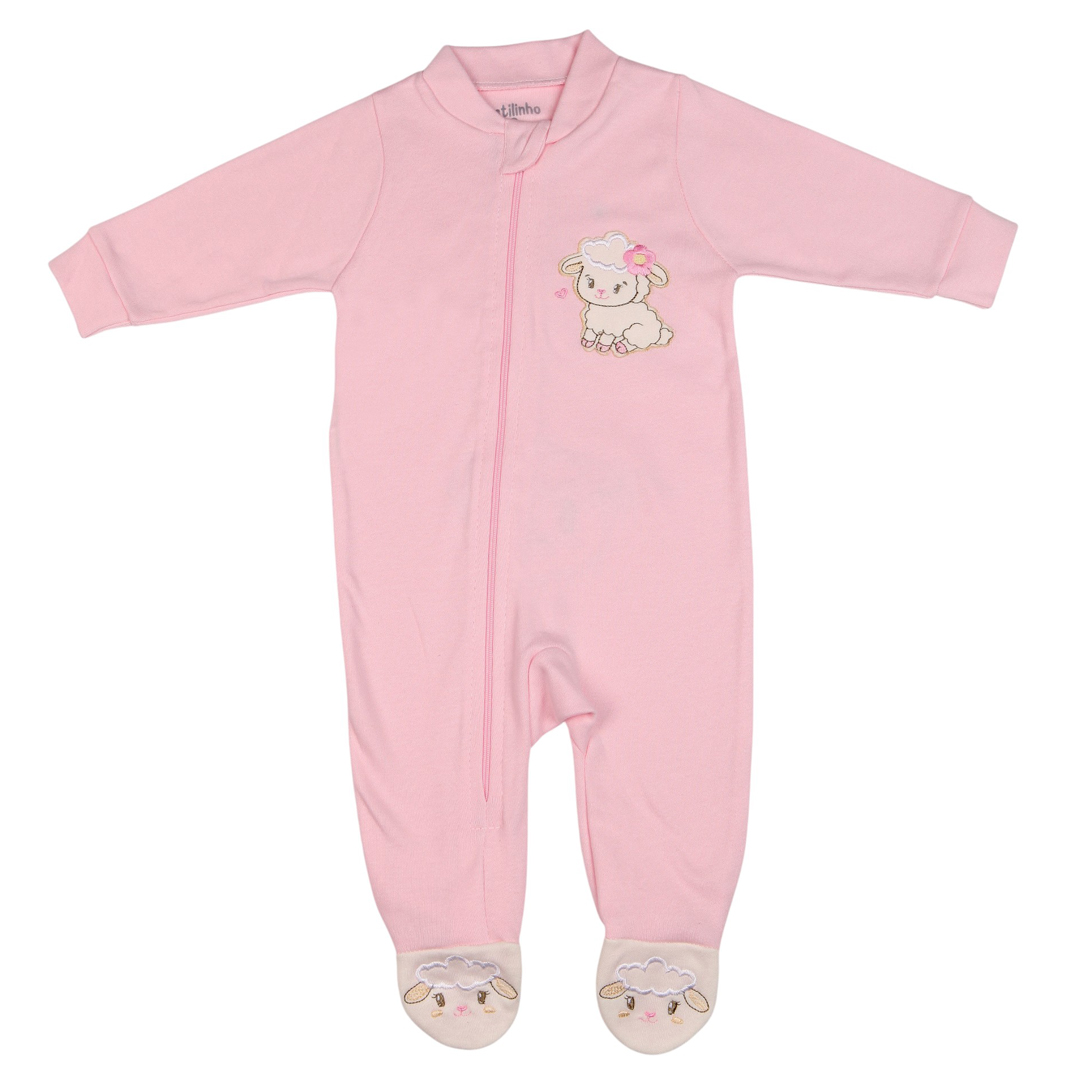 Macacão Longo Bordado Carneirinho Bumbum E Pés Suedine C/Zíper