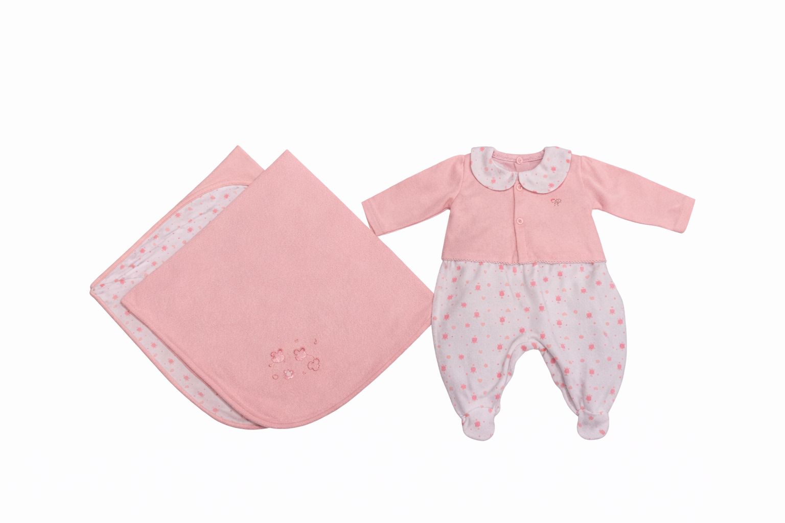 Saída Maternidade Estilinho Macacão+Casaco+Manta Dupla Bordada em Suedine Penteado