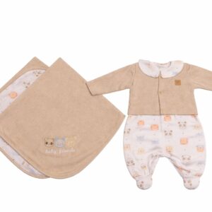 Saída Maternidade Estilinho Macacão+Casaco+Manta Dupla Bordada em Suedine Penteado